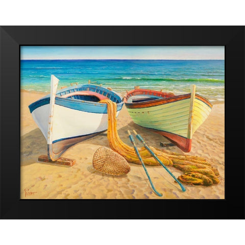 Barche sulla spiaggia Black Modern Wood Framed Art Print by Galasso, Adriano