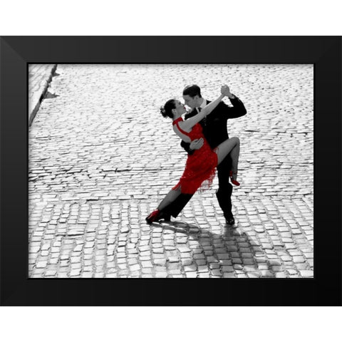 Couple dancing Tango on cobblestone road Black Modern Wood Framed Art Print by Anonymous