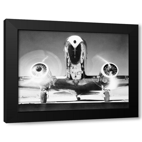 Front View of Passenger Airplane Black Modern Wood Framed Art Print with Double Matting by Anonymous