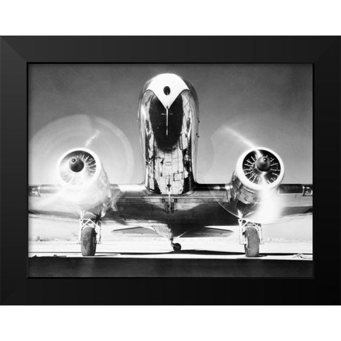 Front View of Passenger Airplane Black Modern Wood Framed Art Print by Anonymous