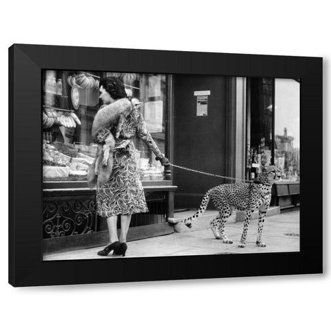 Elegant Woman with Cheetah Black Modern Wood Framed Art Print by Anonymous