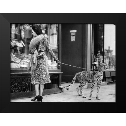 Elegant Woman with Cheetah Black Modern Wood Framed Art Print by Anonymous