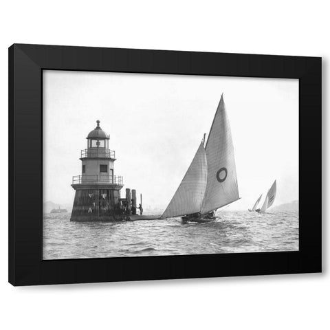 Sloop and Channel Pile Light on Sydney Harbour Black Modern Wood Framed Art Print with Double Matting by Anonymous