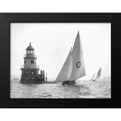 Sloop and Channel Pile Light on Sydney Harbour Black Modern Wood Framed Art Print by Anonymous