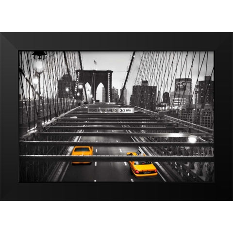 Taxi on Brooklyn Bridge, NYC Black Modern Wood Framed Art Print by Anonymous
