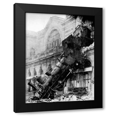 Train wreck at Montparnasse, Paris, 1895 Black Modern Wood Framed Art Print by Anonymous
