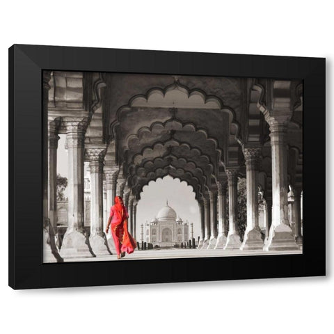 Woman in traditional Sari walking towards Taj Mahal Black Modern Wood Framed Art Print by Pangea Images