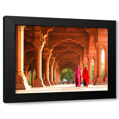 Women in traditional dress- India Black Modern Wood Framed Art Print with Double Matting by Pangea Images