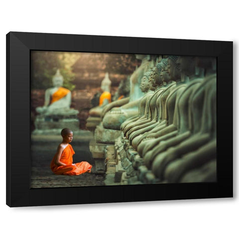Young Buddhist Monk praying, Thailand Black Modern Wood Framed Art Print by Pangea Images