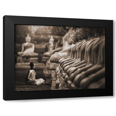 Young Buddhist Monk praying, Thailand (sepia) Black Modern Wood Framed Art Print by Pangea Images
