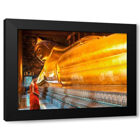 Praying the reclined Buddha, Wat Pho, Bangkok, Thailand Black Modern Wood Framed Art Print by Pangea Images