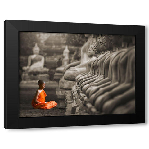 Young Buddhist Monk praying, Thailand (BW) Black Modern Wood Framed Art Print with Double Matting by Pangea Images