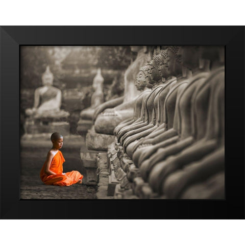 Young Buddhist Monk praying, Thailand (BW) Black Modern Wood Framed Art Print by Pangea Images