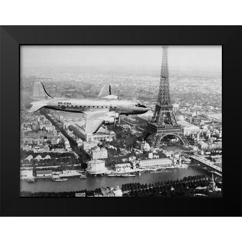 Airplane over Paris Black Modern Wood Framed Art Print by Anonymous