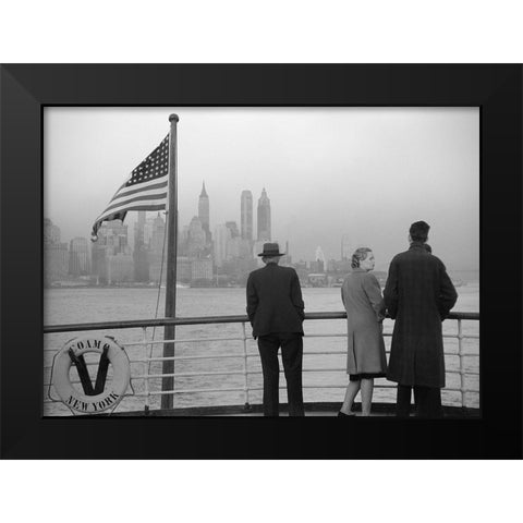 Lower Manhattan seen from the S.S. Coamo leaving New York Black Modern Wood Framed Art Print by Anonymous