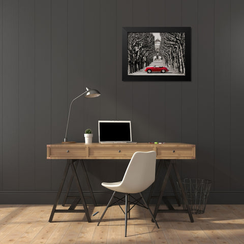 Roadster in tree lined road, Paris Black Modern Wood Framed Art Print by Gasoline Images
