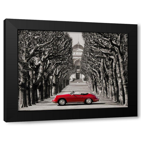 Roadster in tree lined road, Paris Black Modern Wood Framed Art Print by Gasoline Images