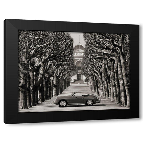 Roadster in tree lined road, Paris (BW) Black Modern Wood Framed Art Print by Gasoline Images