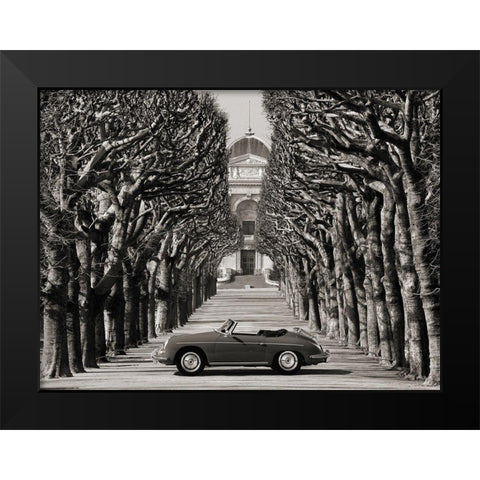 Roadster in tree lined road, Paris (BW) Black Modern Wood Framed Art Print by Gasoline Images