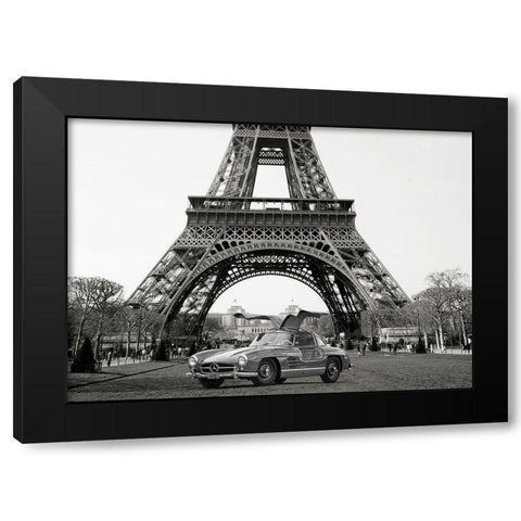 Roadster under the Eiffel Tower - BW Black Modern Wood Framed Art Print with Double Matting by Gasoline Images