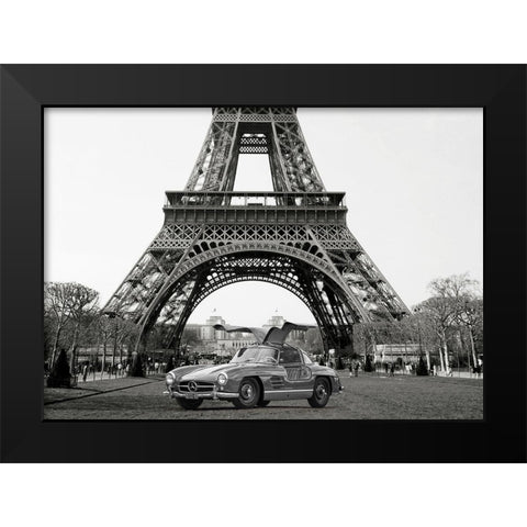 Roadster under the Eiffel Tower - BW Black Modern Wood Framed Art Print by Gasoline Images