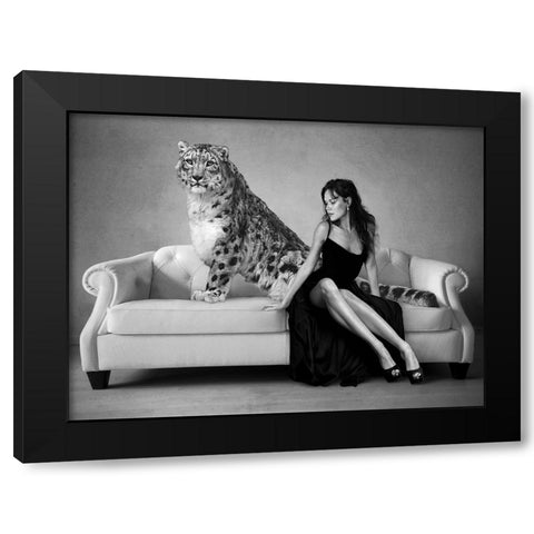 Snow Leopard and Lady, Paris Black Modern Wood Framed Art Print by Lauren, Julian