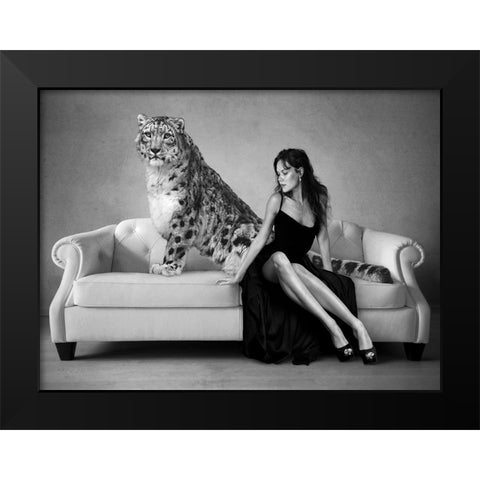 Snow Leopard and Lady, Paris Black Modern Wood Framed Art Print by Lauren, Julian