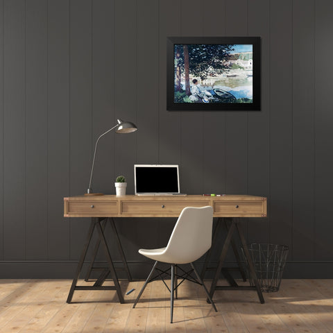 On the Seine at Bennecourt Black Modern Wood Framed Art Print by Monet, Claude