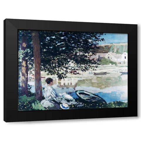 On the Seine at Bennecourt Black Modern Wood Framed Art Print with Double Matting by Monet, Claude