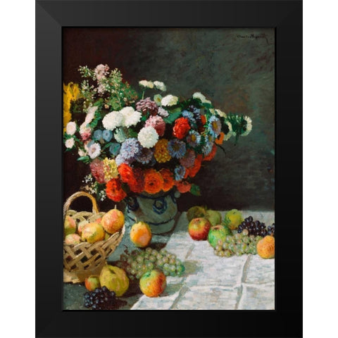 Still life with flowers and fruit Black Modern Wood Framed Art Print by Monet, Claude