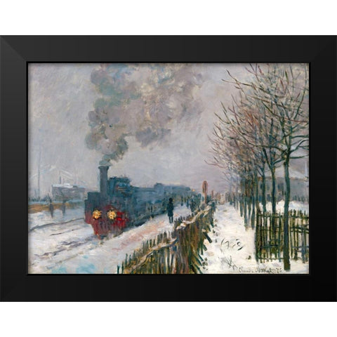 Le train dans la neige Black Modern Wood Framed Art Print by Monet, Claude