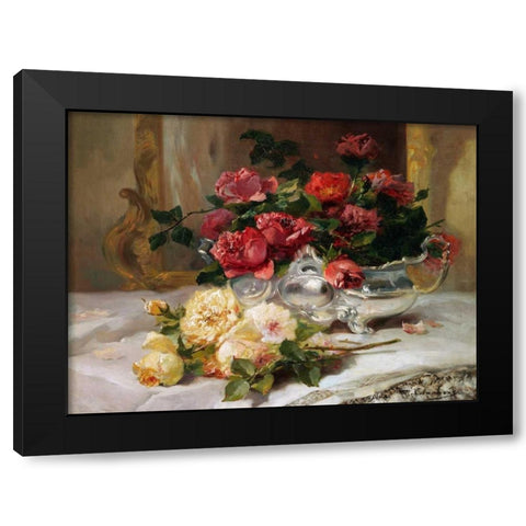 Roses on a Dressing Table Black Modern Wood Framed Art Print by Cauchois, Eugene Henri