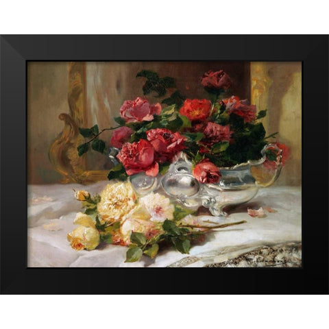 Roses on a Dressing Table Black Modern Wood Framed Art Print by Cauchois, Eugene Henri