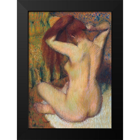 Woman Combing her Hair Black Modern Wood Framed Art Print by Degas, Edgar