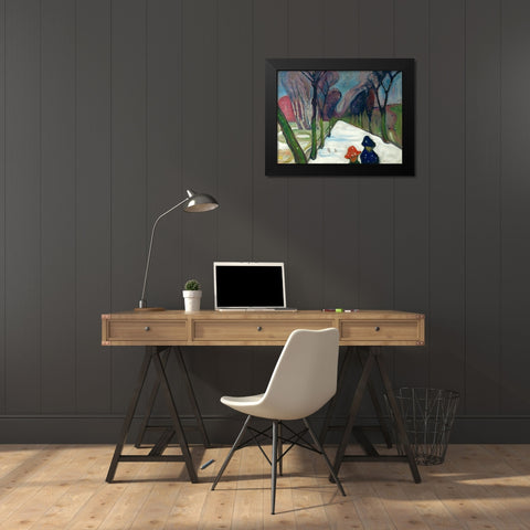 Avenue in the Snow Black Modern Wood Framed Art Print by Munch, Edvard