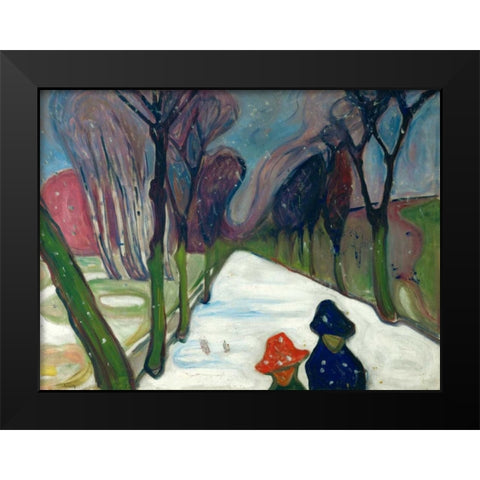 Avenue in the Snow Black Modern Wood Framed Art Print by Munch, Edvard