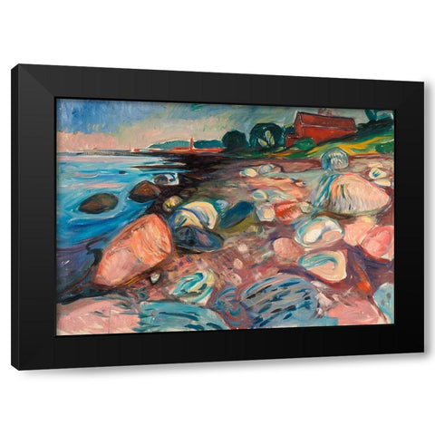Shore with Red House Black Modern Wood Framed Art Print with Double Matting by Munch, Edvard
