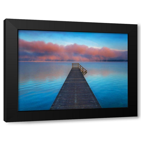 Boat ramp and fog bench, Bavaria, Germany Black Modern Wood Framed Art Print by Krahmer, Frank