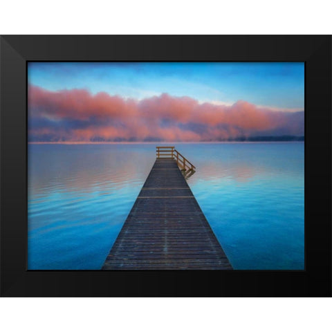 Boat ramp and fog bench, Bavaria, Germany Black Modern Wood Framed Art Print by Krahmer, Frank