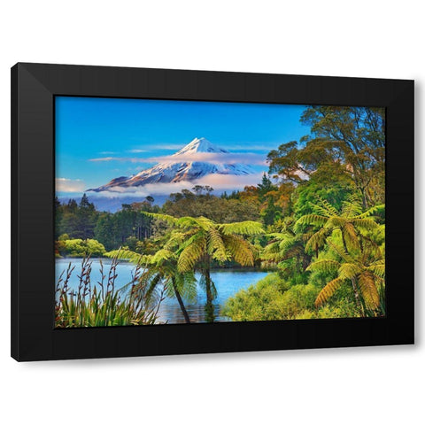 Taranaki Mountain and Lake Mangamahoe- New Zealand Black Modern Wood Framed Art Print with Double Matting by Krahmer, Frank