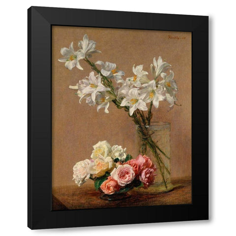 Roses and Lilies Black Modern Wood Framed Art Print by Fantin-Latour, Henri