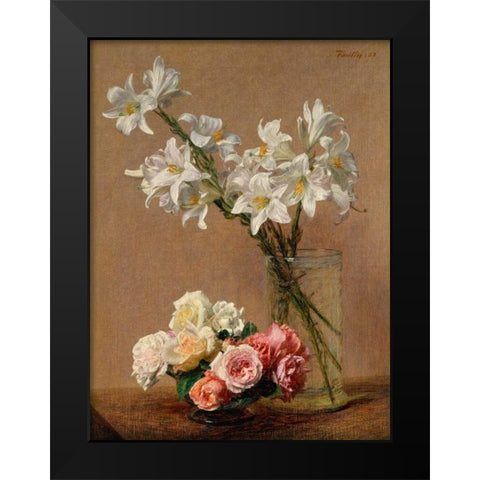 Roses and Lilies Black Modern Wood Framed Art Print by Fantin-Latour, Henri