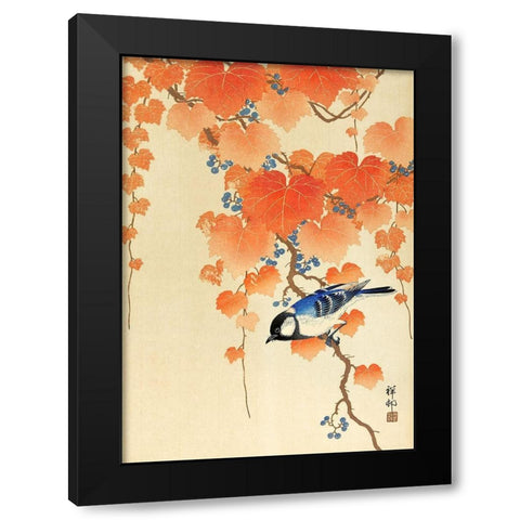 Great tit on paulownia branch Black Modern Wood Framed Art Print with Double Matting by Koson, Ohara
