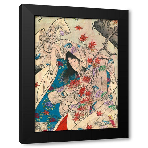 Maple leaf gathering Black Modern Wood Framed Art Print by Yoshitoshi, Tsukioka