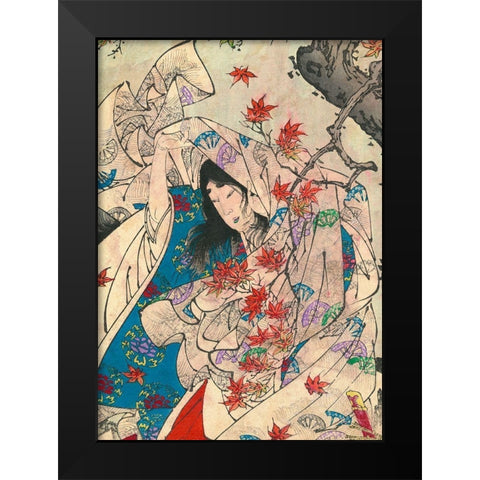 Maple leaf gathering Black Modern Wood Framed Art Print by Yoshitoshi, Tsukioka