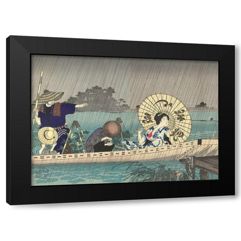 Between te banks of the Sumida Bokutei I Black Modern Wood Framed Art Print by Chikanobu, Yoshu (Hashimoto)