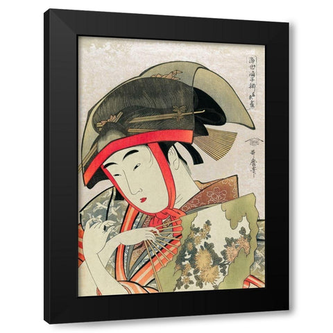 Woman holding a fan wearing a traditional transparent hat Black Modern Wood Framed Art Print by Kitagawa, Utamaro
