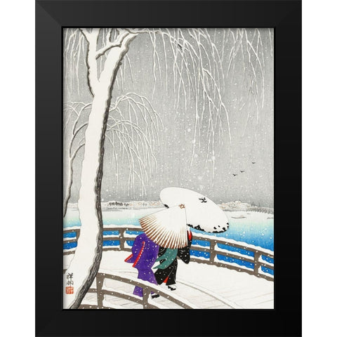 Two women in the snow on Yanagi Bridge Black Modern Wood Framed Art Print by Koson, Ohara