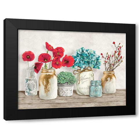 Floral composition with Mason Jars Black Modern Wood Framed Art Print by Jenny, Thomlinson