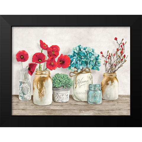 Floral composition with Mason Jars Black Modern Wood Framed Art Print by Jenny, Thomlinson